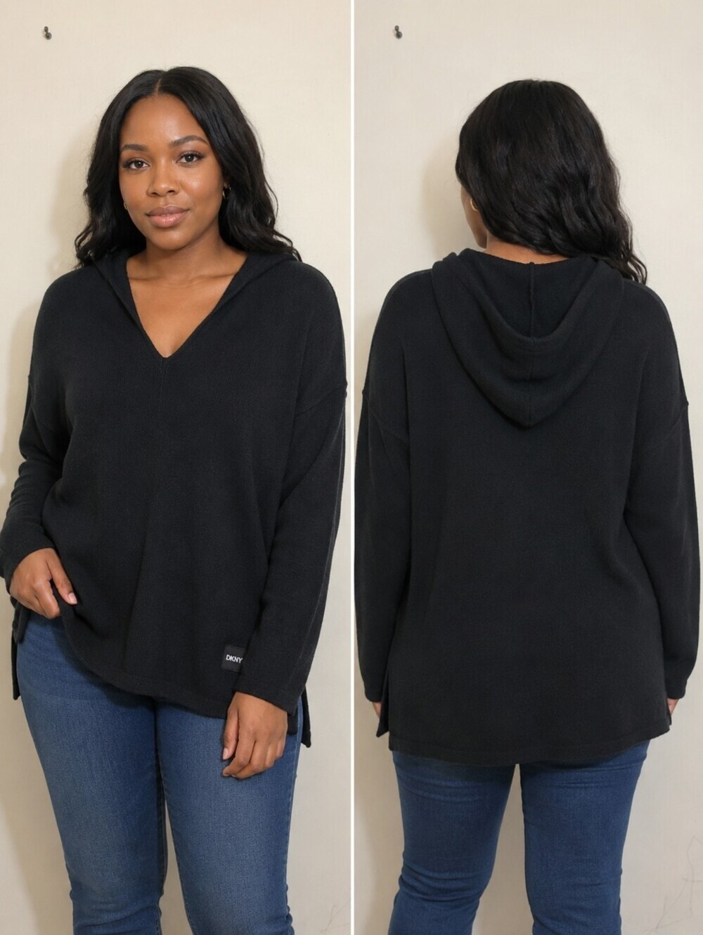 DKNY Sport Women’s XL Black Hooded V-Neck Sweater NWT